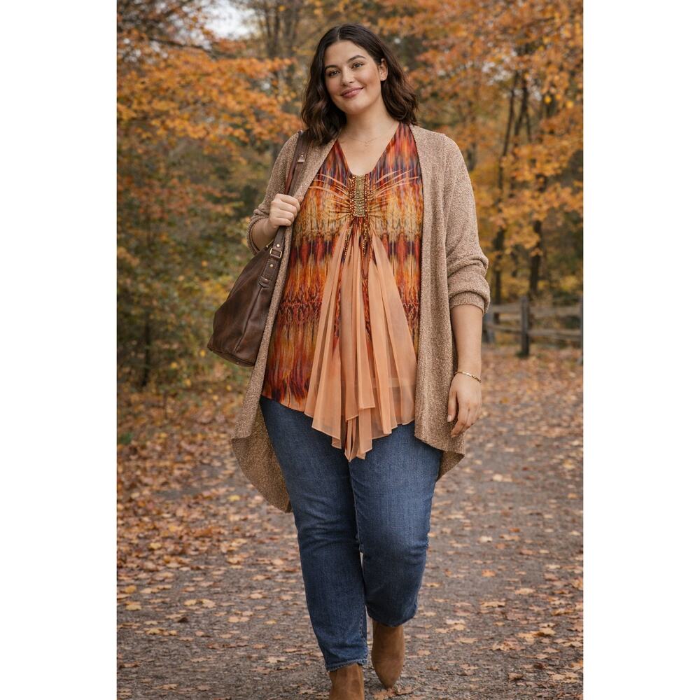 Zac Rachel Ombre Tunic Top Womens 1X Beaded Chiffon Short Sleeve